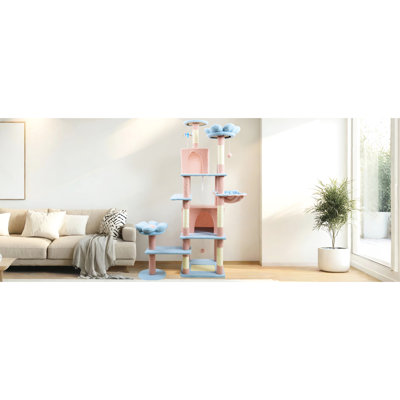 Arbre à chat bleu de 71 pouces avec motif floral, grand coussin amovible et, pour les chats, grimpant à 8 niveaux, arbre à grattage large, aspect floral enchanteur, hauteur horizontale de 72 po