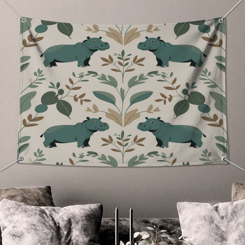 Tapisserie murale hippopotame à motif de feuilles - Décoration murale hippopotame, H 68 po x l 80 po avec 4 œillets