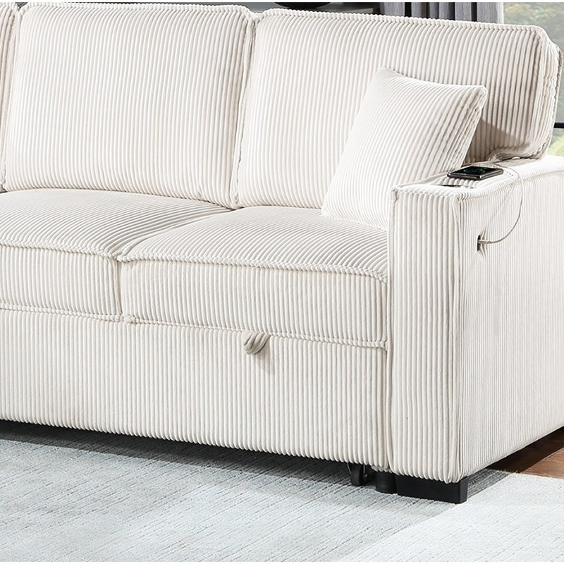 Canapé modulaire moderne en velours côtelé beige avec méridienne réversible, rangement secret et oreillers convertibles