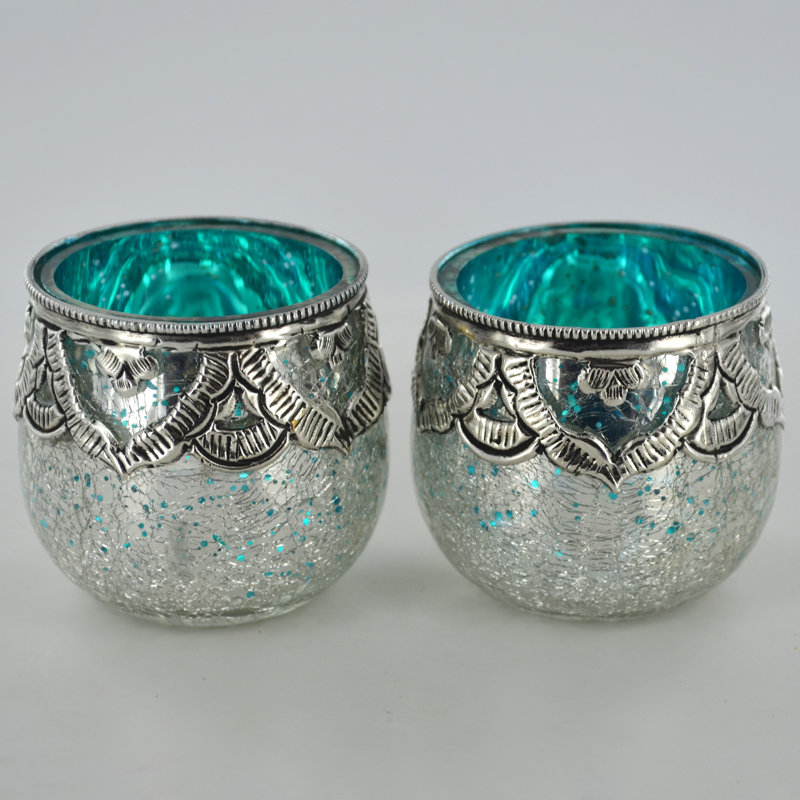 2 Piece Glass Tabletop Votive Holder Set, Turquoise