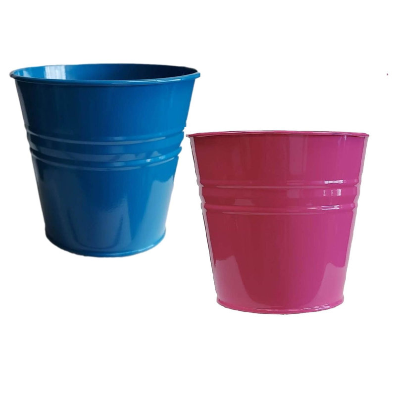 Enameled Galvanized Steel Planter For 6.5" Plants. Set Of Two, Blue/Pink