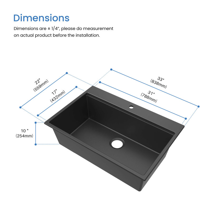 33'' L Drop-In Single Bowl Quartz Composite Kitchen Sink