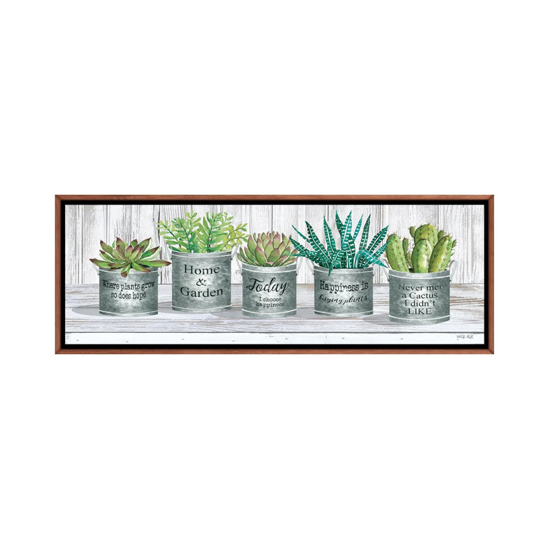 Galvanized Pot Succulents II by Cindy Jacobs - Panoramic Painting on Canvas, 121.92 cm H x 40.64 cm W, Brown Floater Frame