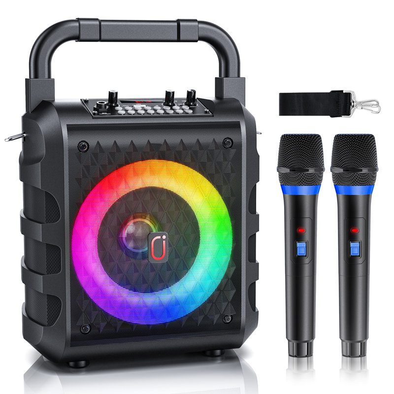 Haut-parleur portable karaoké Bluetooth avec 2 micros sans fil, système de sonorisation rechargeable avec lumières de fête RVB, USB de soutien, carte TF, entrée AUX, enregistrement et écho de micro pour la réception en plein air
