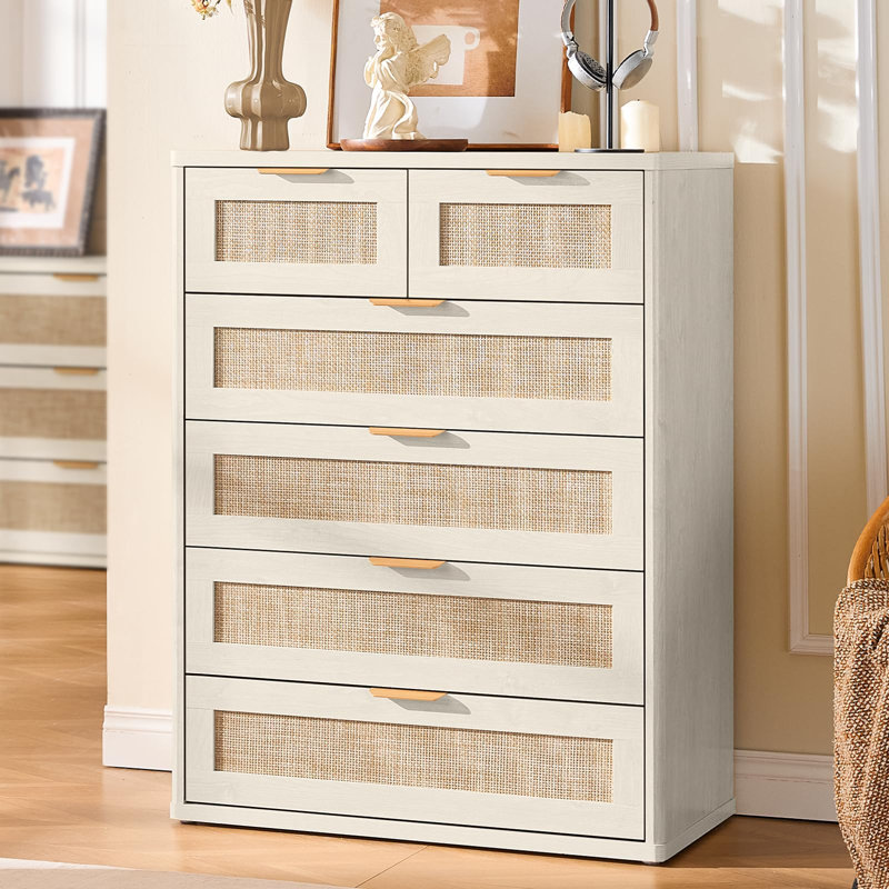 Commode en rotin de 104 cm (41 pouces) à 6 tiroirs avec poignées en métal doré, style bohème et plateau à bords arrondis
