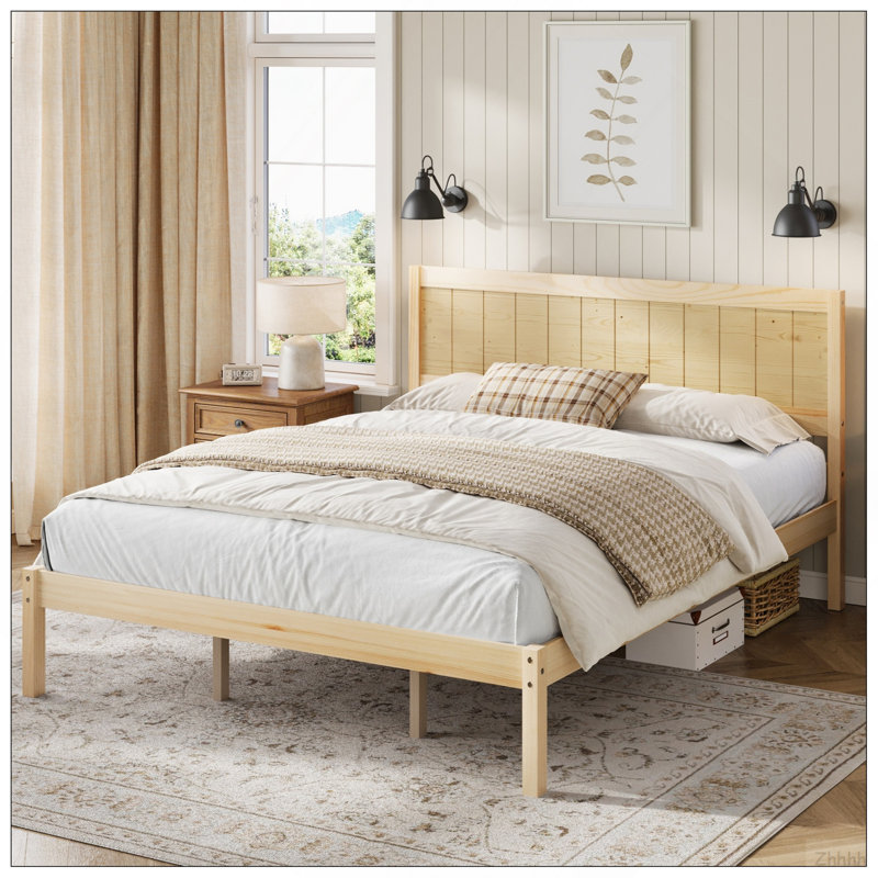 Structure de lit plateforme avec tête de lit, support à lattes de bois, aucun sommier requis, très grand, naturel, Naturel