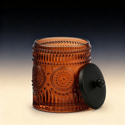 Boîte de rangement en verre pour salle de bain avec couvercle en métal et rangement pour meuble-lavabo (ambre)
