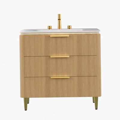 AMARA 36'' Bathroom Vanity&Sink, Freestanding Curved Edges Slim Grille Plywood Storage Cabinet, 3 Drawers, Carrara White Sintered Stone Integrated Basin, Pre-Assembled, Light Oak Woodgrain Color