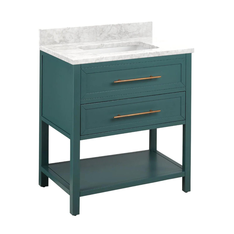 30" Robertson Single Bathroom Vanity Set with Rectangular Undermount Sink, No Drillings, Carrara Marble, White