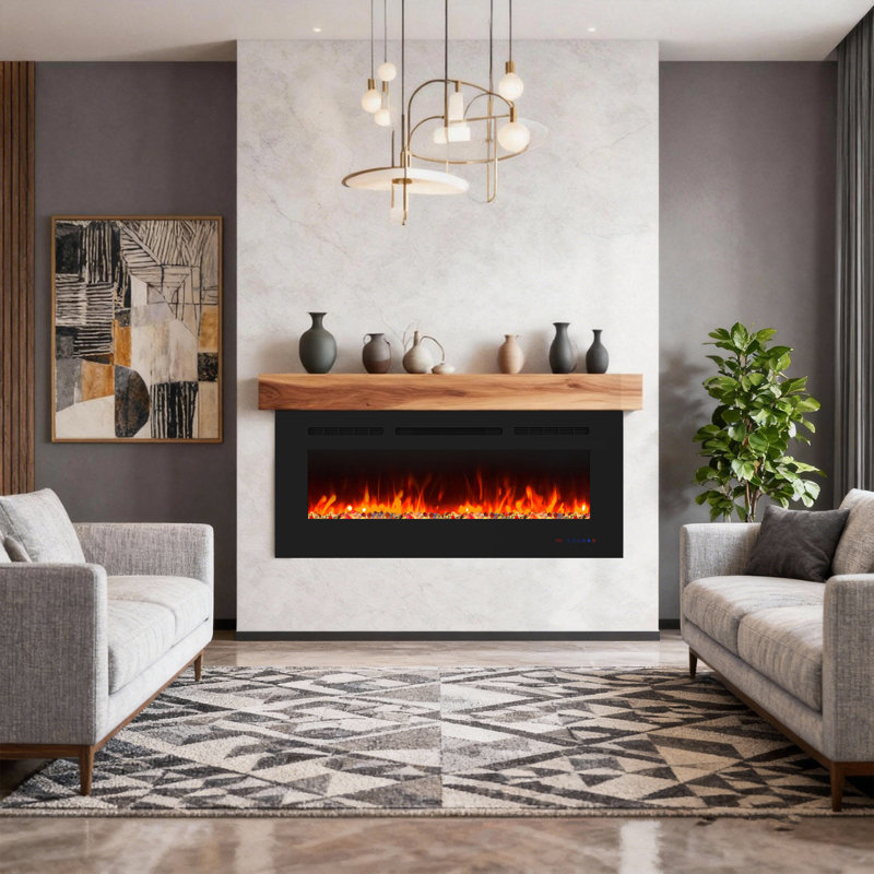 Insertion de foyer électrique 42 "/ 50" / 60 "/ 72" avec décor en cristal, foyer mural pour salon, minuterie, protection contre la surchauffe, télécommande, noir