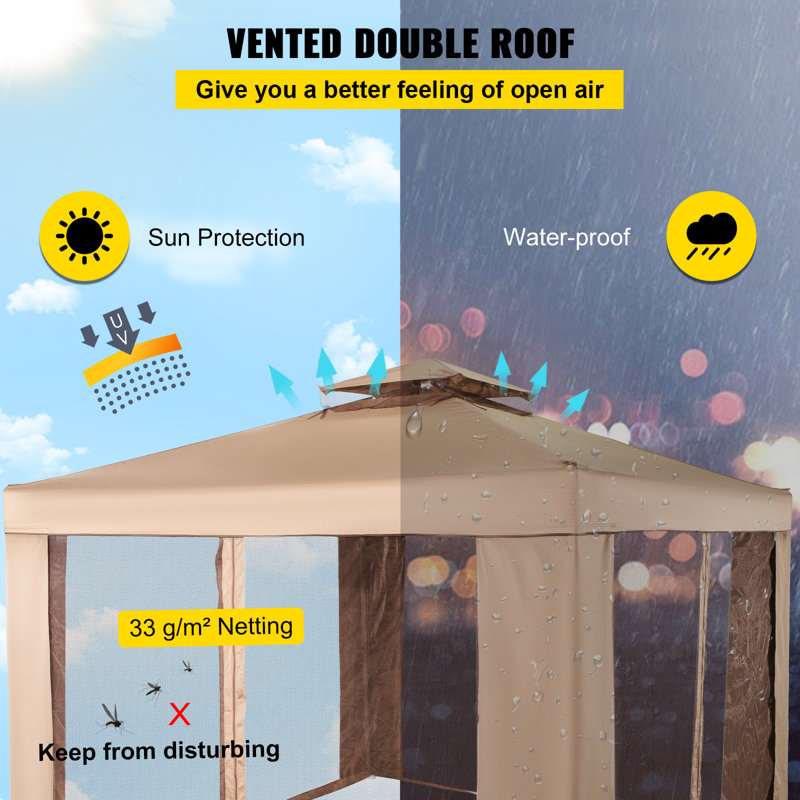 10 x 10 ft Beige Steel Frame Patio Gazebo with Netting