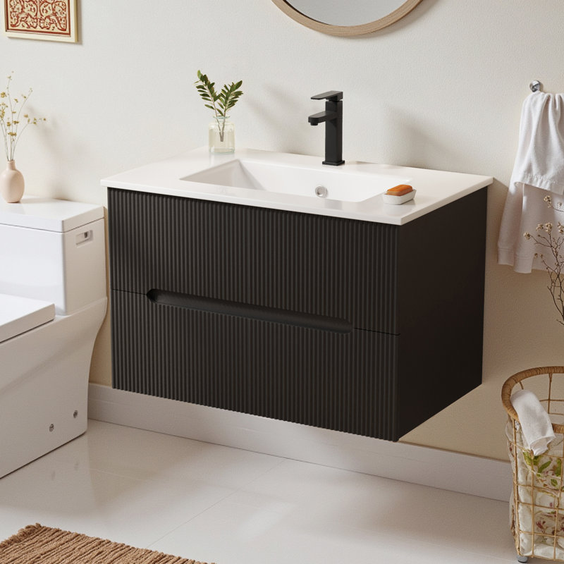  Meuble-lavabo mural simple 30 po avec lavabo en céramique et robinet, armoire flottante avec 2 tiroirs à fermeture en douceur