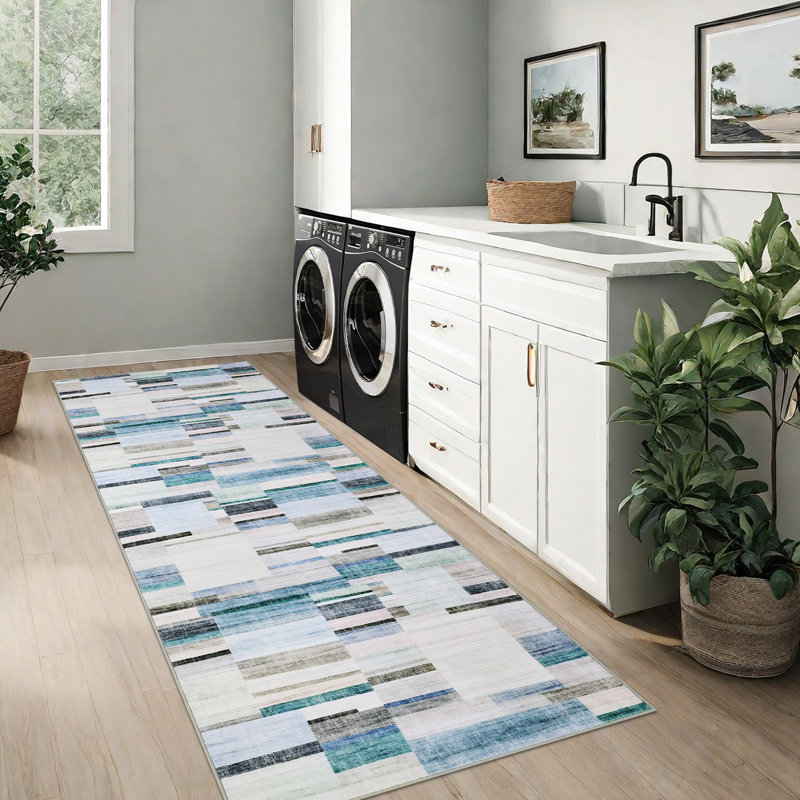 Modern Geometric Machine Washable Rug with Non-Slip Backing Non-Shedding Contemporary Accent Carpet Soft Low Pile Floor Cover for Living Room