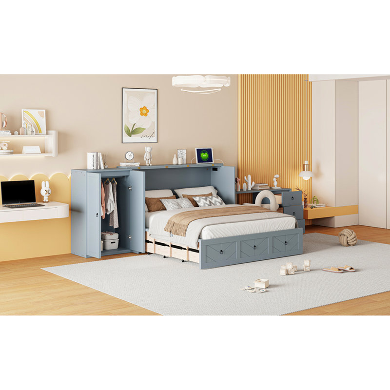 Grand lit gris avec option, grand espace de rangement et espace de rangement intégré