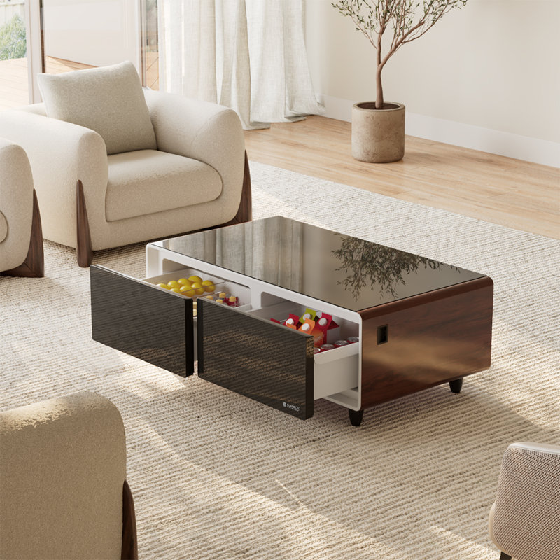 Biedel Smart Coffee Table with Fridge and Built in Wireless Charging, Walnut