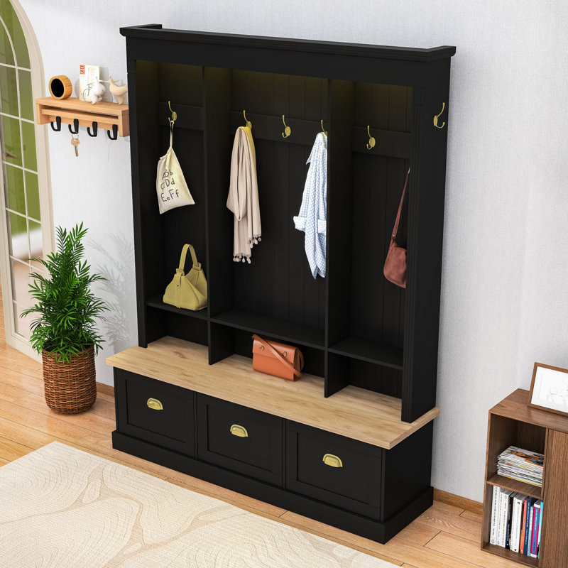 Farmhouse Hall Tree with LED Light Strip, 9 Metal Hooks, 3 Tilt-Out Cabinets and Open Shelves, Black