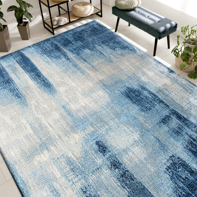 Tapis bleu et bleu clair de haute qualité noué à la main, Rectangle 168 po x 120 po
