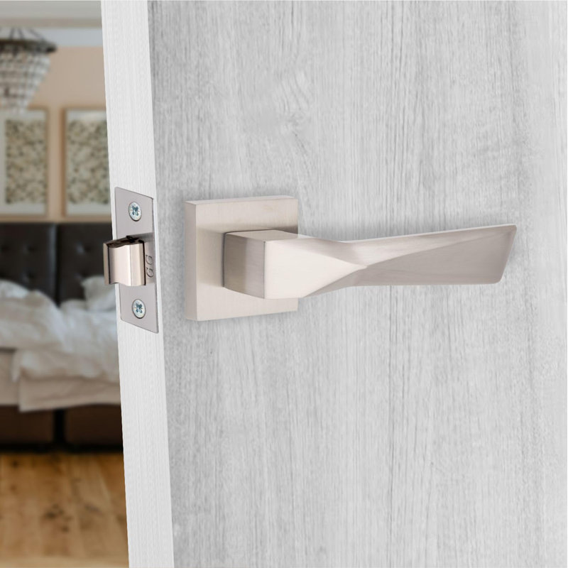 1 Pair Modern Aura Premium Design Door Handles on Square Rose in Satin Nickel Finish with 3" Ball Bearing Hinges and 2.5" Tubular Latch