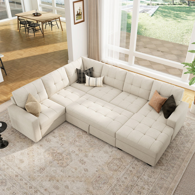 Epping Chasidi U-Shaped Sleeper Sectional Tufted Sofa Bed with Storage Chaise, Beige Polyester