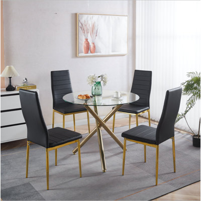 Ensemble de salle à manger 1 + 4,5 pièces, table de salle à manger avec pieds en métal Mid-Century pour 4-6 personnes avec plateau en verre, table de salle à manger à piédestal, table basse de loisirs