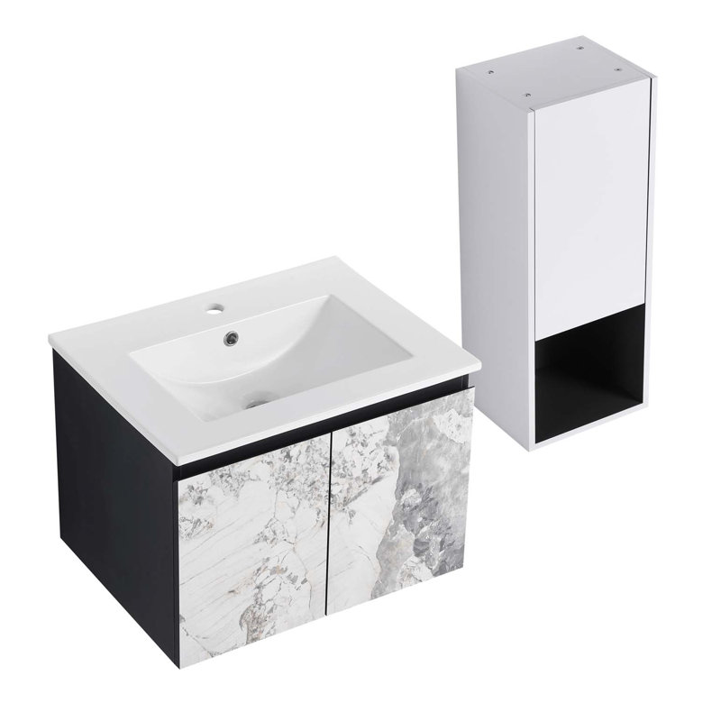 Meuble-lavabo mural avec lavabo en céramique et armoire latérale et portes à fermeture douce, armoire combinée, 24"