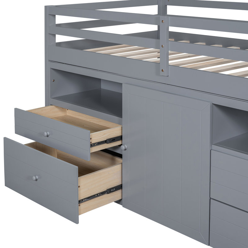 Lit mezzanine simple gris avec 4 tiroirs, armoire et étagère, Gris