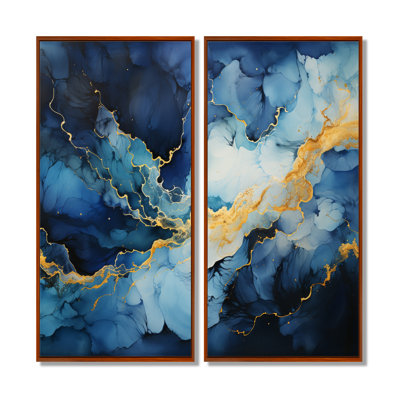 «Blue and Gold Abstract Hurricane - Storms», art mural sur toile, paysages bleus encadrés, ensemble de 2