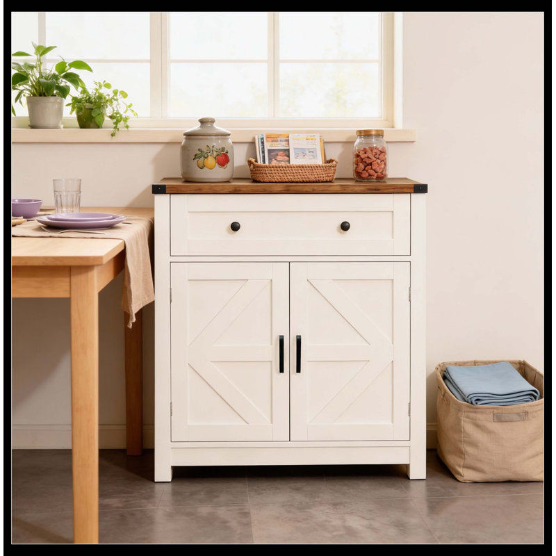 White & Wood-Grain Top Farmhouse Barn-Door Storage Cabinet, Coffee Bar Buffet Sideboard With Drawer For Kitchen & Living Room