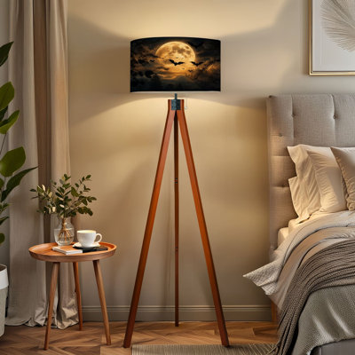 Lampe sur pied à trépied PeeNoke Mystical Full Moon Bats Dark Forest Night Sky Golden Moonlight