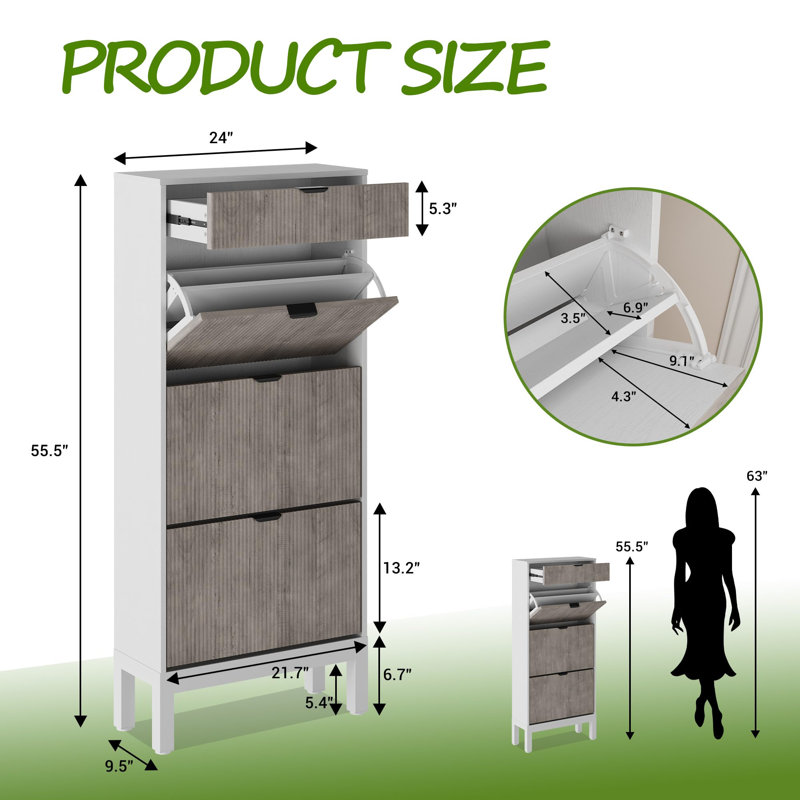 Fluted Shoe Cabinet with 3 Flip Doors & Drawer, Slim Hidden Shoe Storage with Iron Legs for Entryway, White & Gray