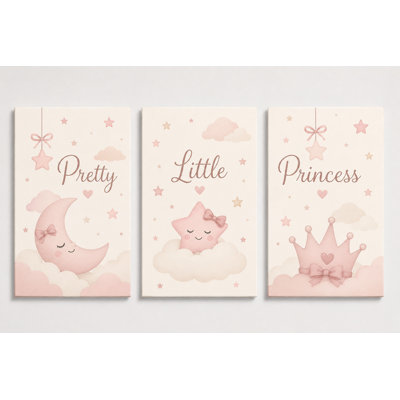 Large Set of 3 Pink Princess Nursery Wall Art Moon Star Crown Baby Girl Room Decor Cute Nursery Canvas Artwork Bedroom 16x24 Inch Canvas Print - Ready to hang