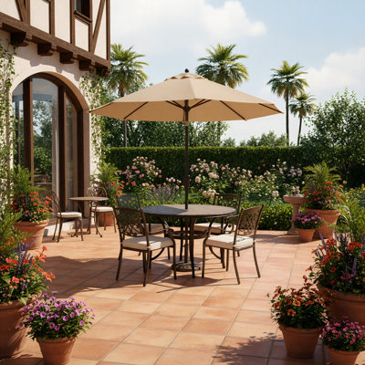  Outdoor 5-Piece Patio Dining Set with Tile Top Round Table, 4 Cast Aluminum Dining Chairs
