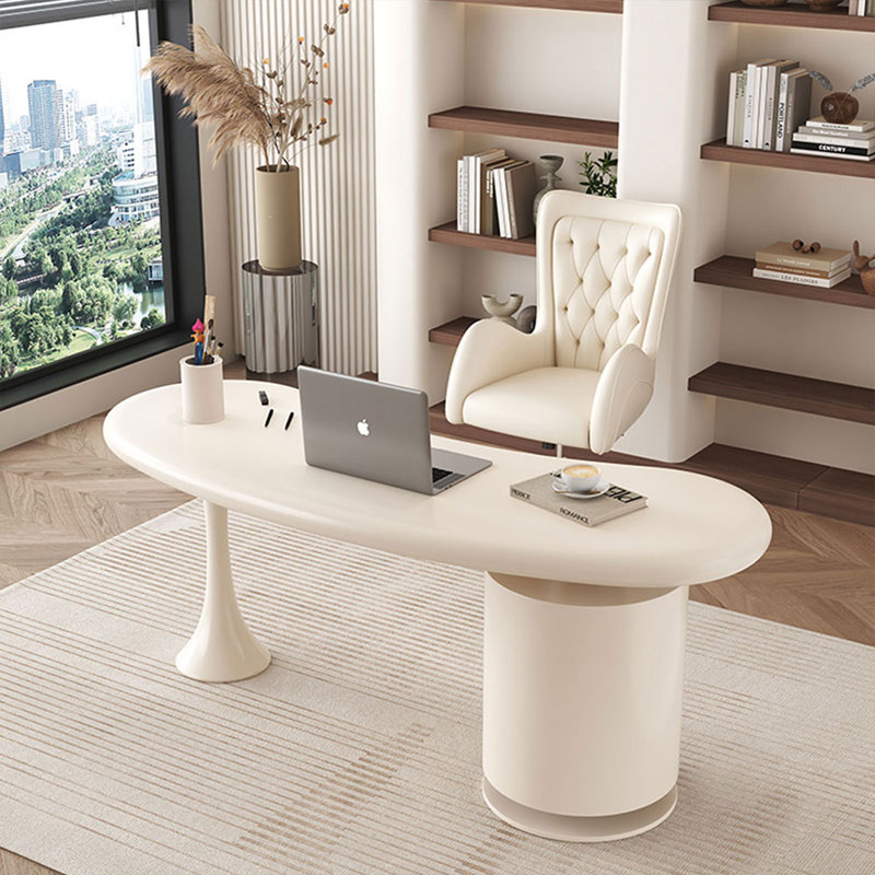 Bureau courbé blanc massif + bois manufacturé avec 2 tiroirs, H 29,6 po x l 63 po x P 23,7 po