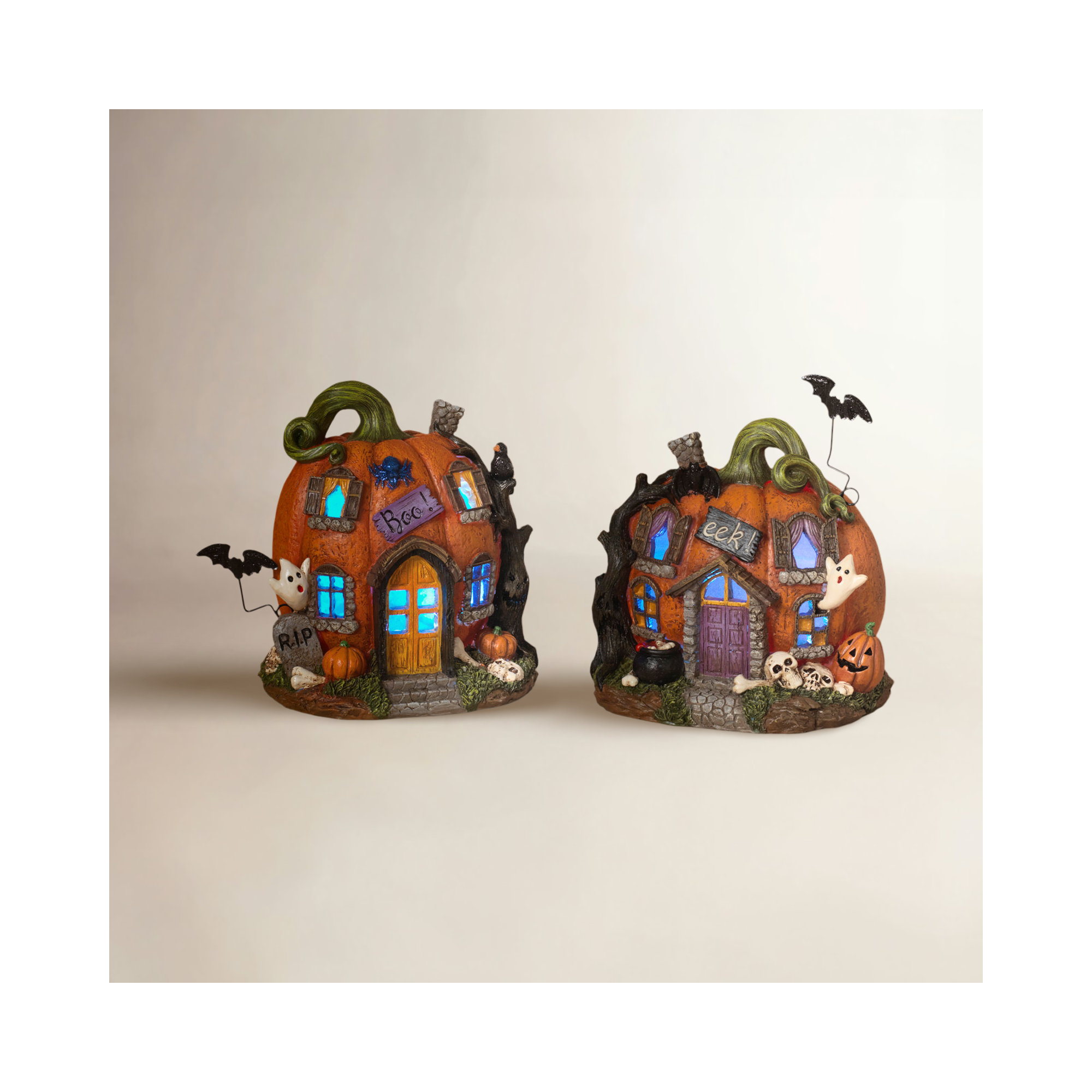 8.4 Inches Long Battery Operated Lighted Resin Halloween Pumpkin Houses With Timer Set Of 2