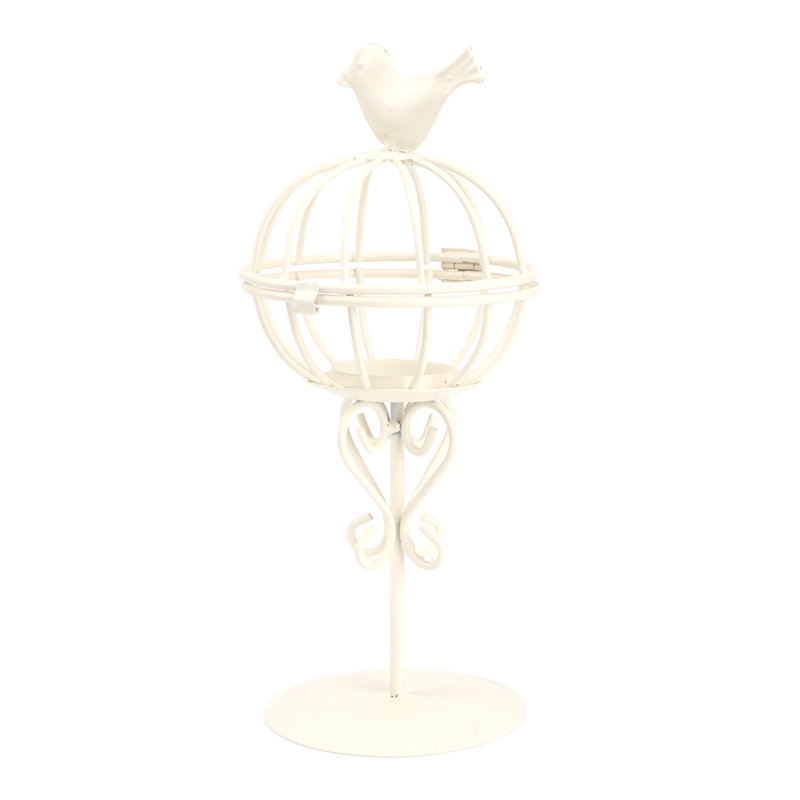 Bougeoir en fer ajouré en forme de cage à oiseaux, original et unique, blanc.