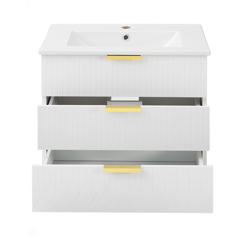 Armoire murale suspendue 24 po avec tiroir double, petit lavabo de salle de bain rectangulaire flottant avec trou de robinet simple et trop-plein, armoire de salle de bain moderne avec lavabo en céramique