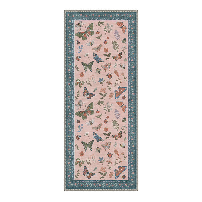 Vintage Machine Washable Pink / Blue Indoor Area Rug with Non-Slip Backing, Runner 2' x 6'