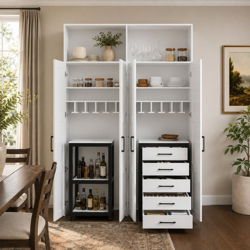 Armoire de rangement blanche de 63 po de largeur avec 4 portes et chariots à roulettes