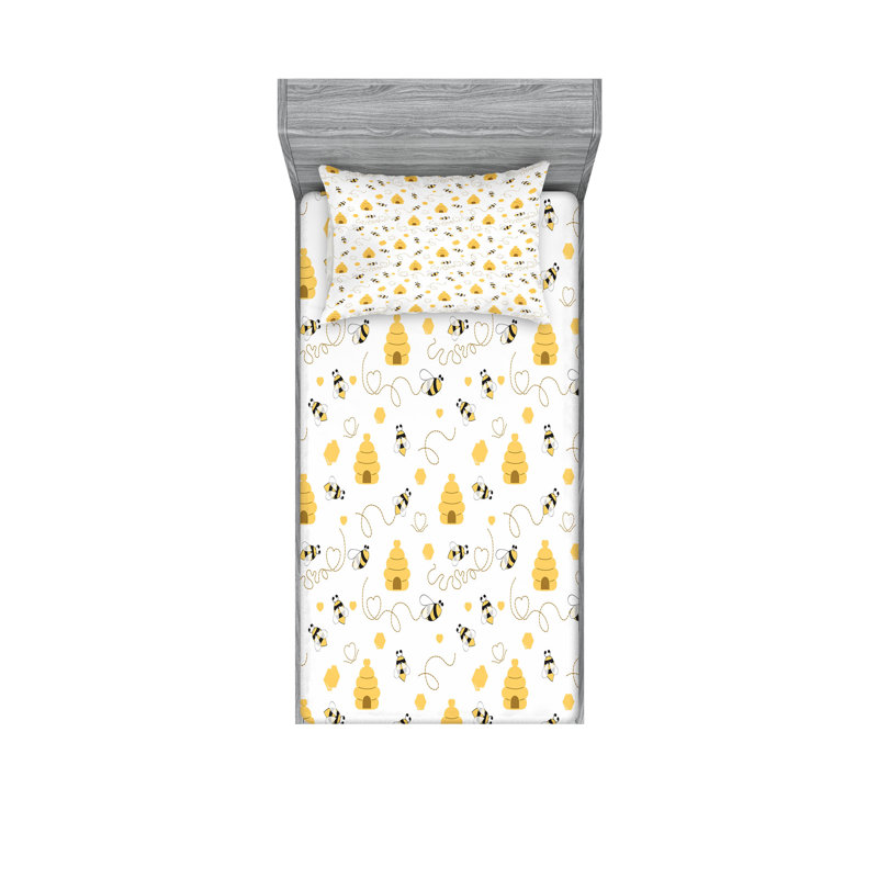 Drap-housse et taie décorative Ambesonne Moutarde blanc moutarde, Ensemble de draps pour lit simple + 3 pièces supp