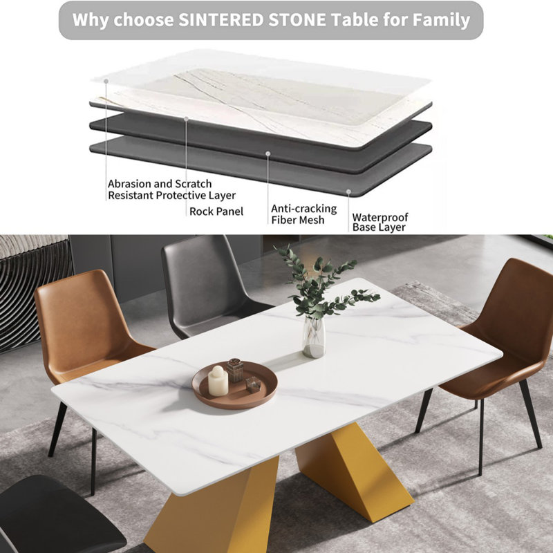 Modern White Marble Rectangular Dining Table with Gold Pedestal