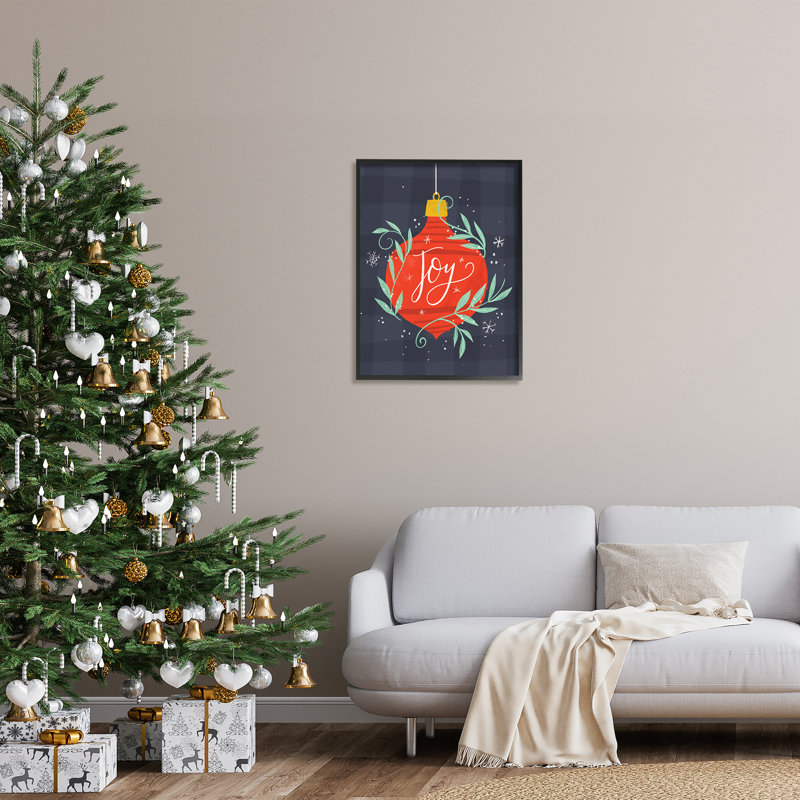 Ornement festif joyeux rouge à carreaux gris par Loni Harris - Art textuel, H 30 po x l 24 po, Giclée encadrée noir minuit