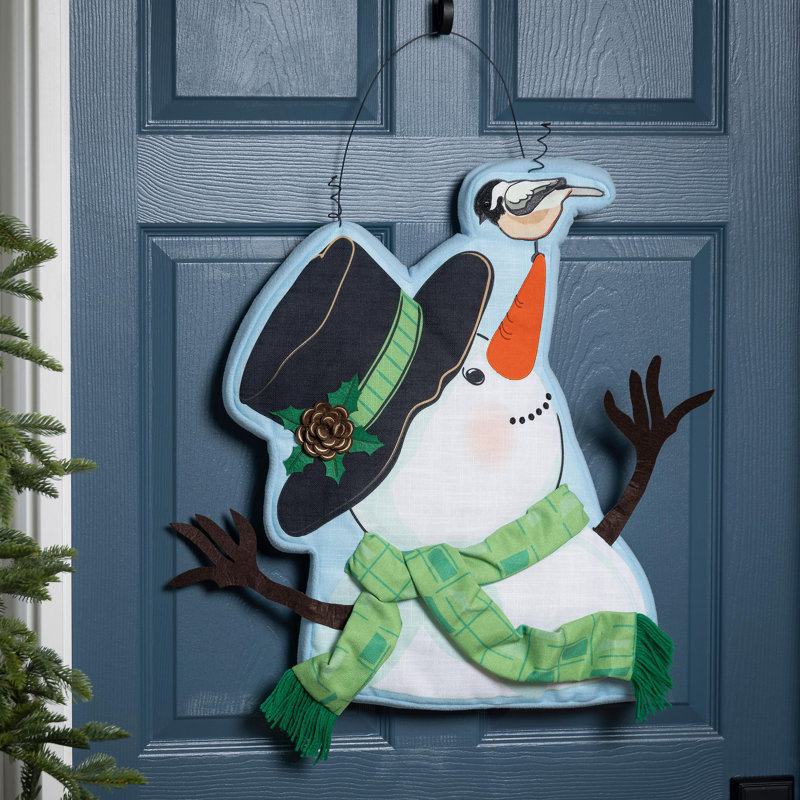 Décoration de porte bonhomme de neige et mésange