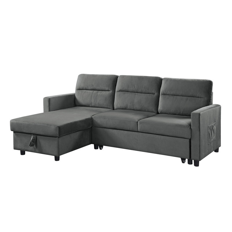 Iride 81.5"W Dark Gray Velvet Reversible Sleeper Sectional Sofa With Storage Chaise And Side Pocket, Dark Gray Velvet
