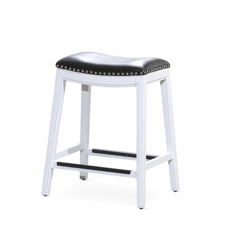 24" Counter Stool, White Finish, Black Leather Seat