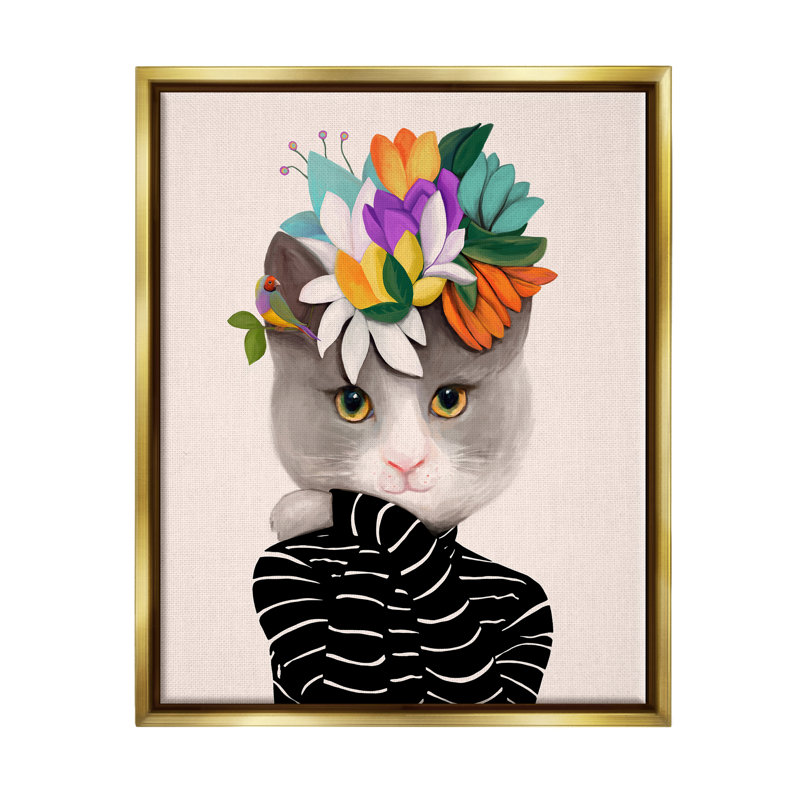 «Bold Floral Design Grey», rayé, art mural par Ioana Horvat, H 31 po x l 25 po x P 1,7 po, Cadre flottant métallique doré