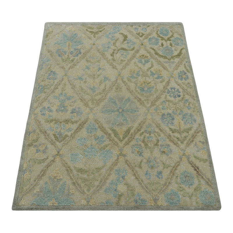 Rug & Kilim’S Block Print Rug With Blue And Green Floral Patterns, Rectangle 13' x 19'