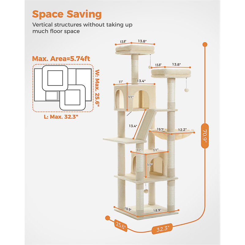 Grand arbre à chat et tour de 72 pouces pour chats d'intérieur - avec poteaux à griffes recouverts de sisal, perchoirs rembourrés, condos et panier
