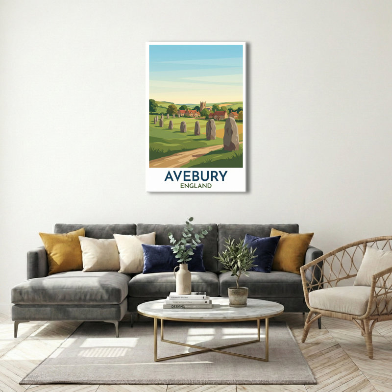 Avebury, England - Romantic Stone Circle Travel Poster. Giclee Print On Wrapped Canvas. Wall Art, Home Decor - Monuments & Sculptures, England - Wrapped Canvas Print