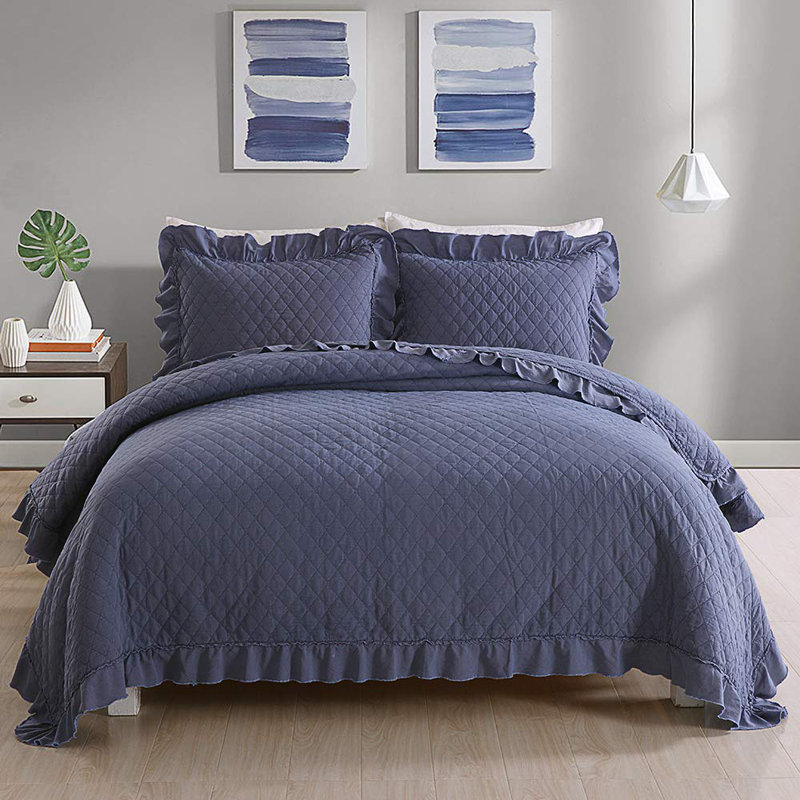 Ensemble de courtepointe en microfibre Fabre, Courtepointe grande + 2 taies décoratives, Bleu marine