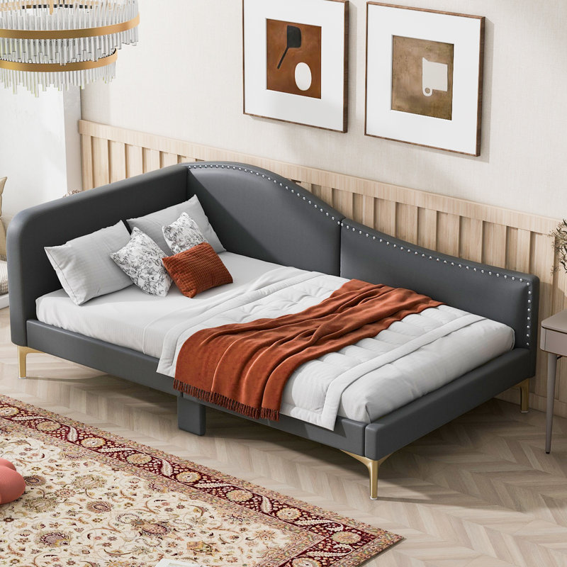 Lit de jour simple rembourré avec tête et accoudoirs - Lit d'invité gris avec pieds de soutien pour la chambre à coucher